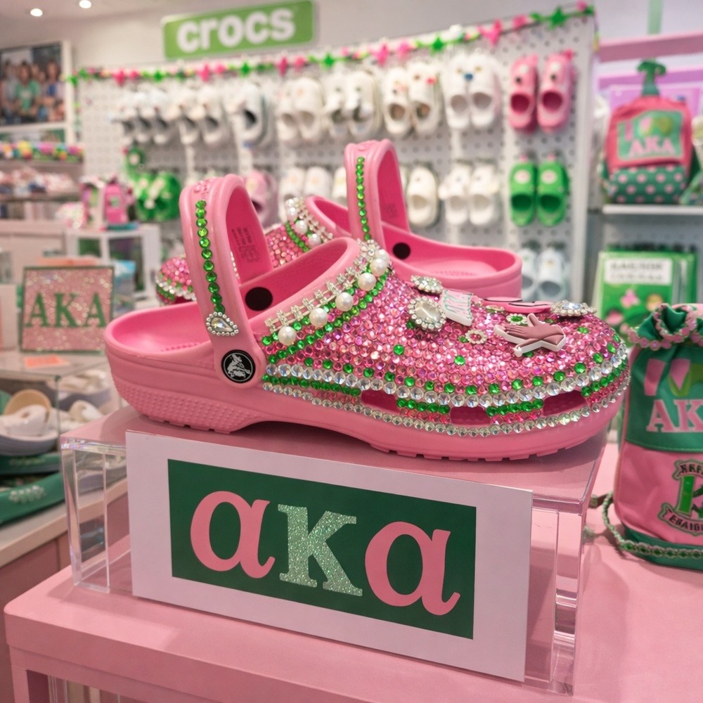 Crocs Alpha Kappa Alpha AKA Custom Rhinestone Clogs Pink Green Womens 9 Mens 7 - Picture 3 of 6